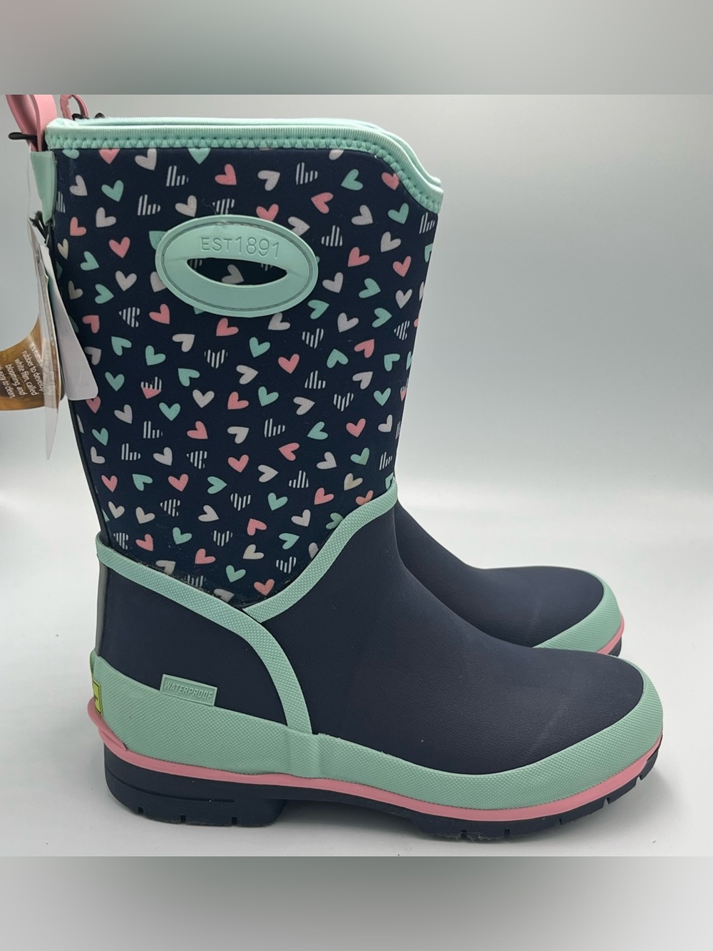 Western Chief Girls Sweethearts Waterproof Neoprene Navy Hearts Rain Boots Sz 5